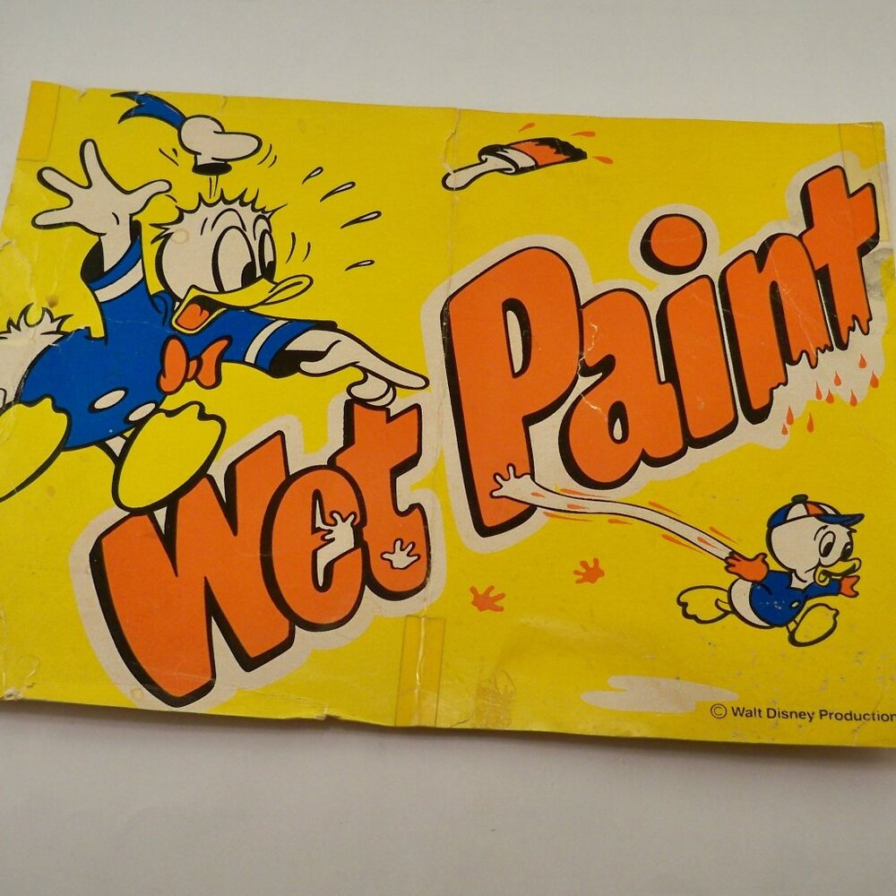 Walt Disney Donald Duck WET Paint Sign 1973 Vintage *Ephemera